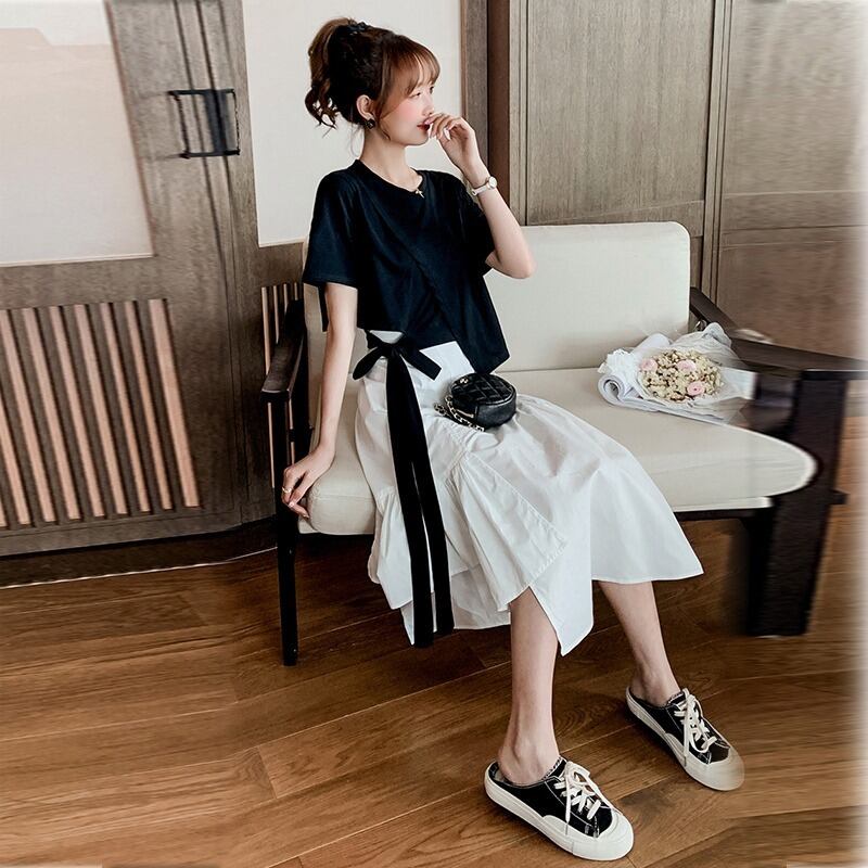 【set】 無地リボン付きTシャツ+AラインイレギュラースカートセットアップF0064