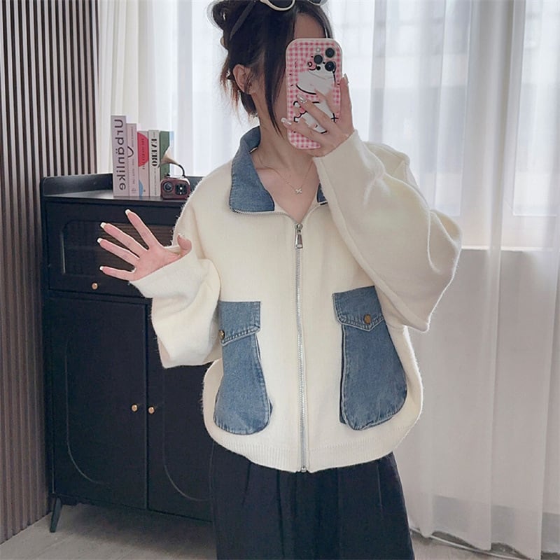 【outer】デニム切り替えニットカーデ　M25783