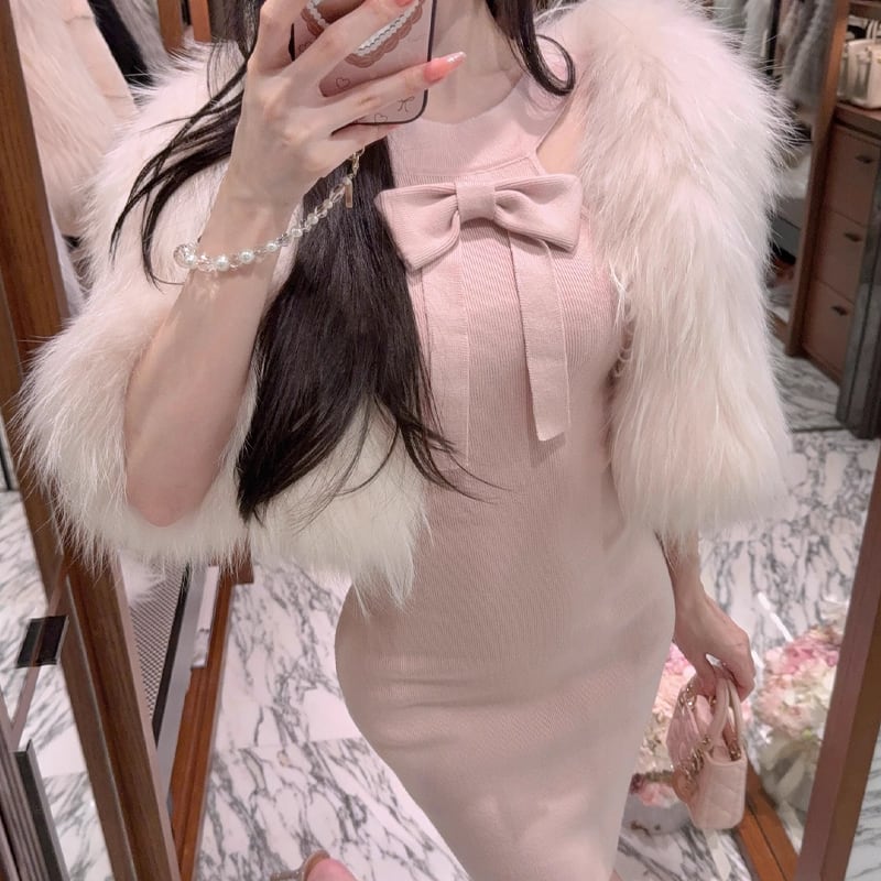 【dress】リボン付きホルターネックニットワンピース Q7374