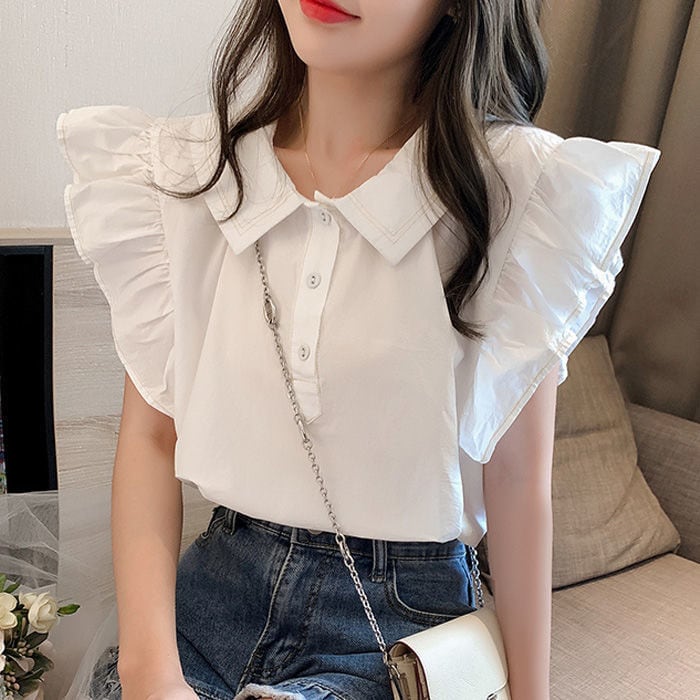 【tops】POLOネックフリル2色ブラウスF7298