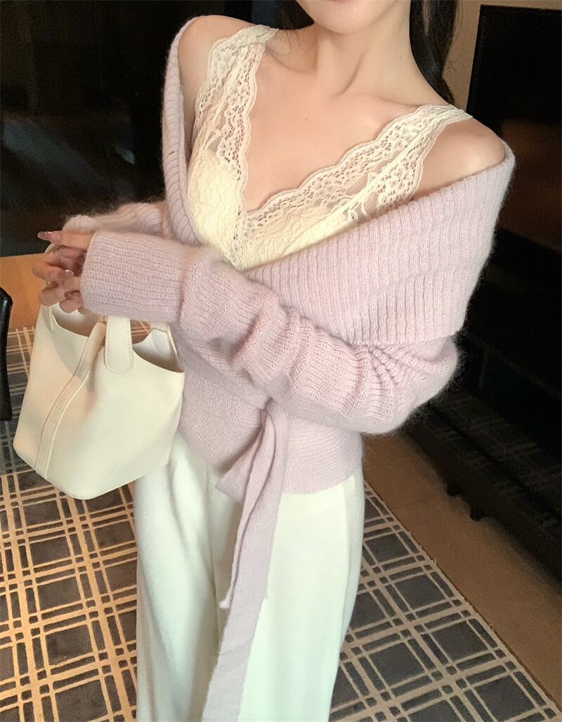 【set】レースキャミソール×ニットセーター×ワイドパンツセット　M28169
