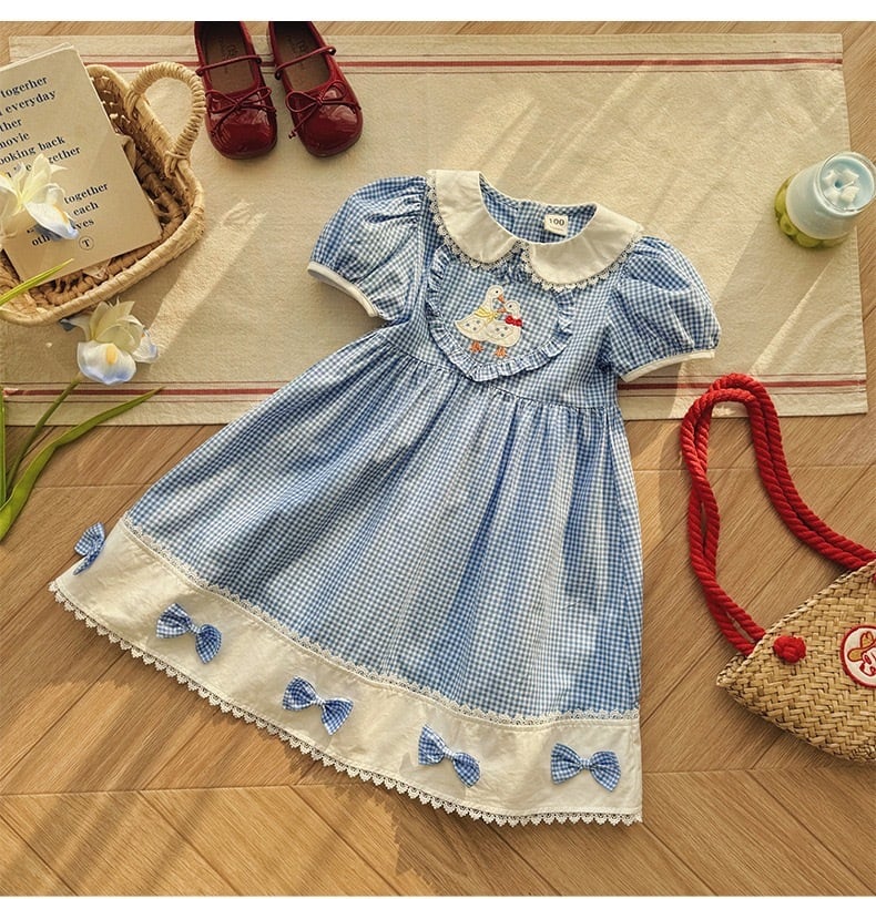 【kids】ブルー・ギンガムチェックレースワンピース K0549