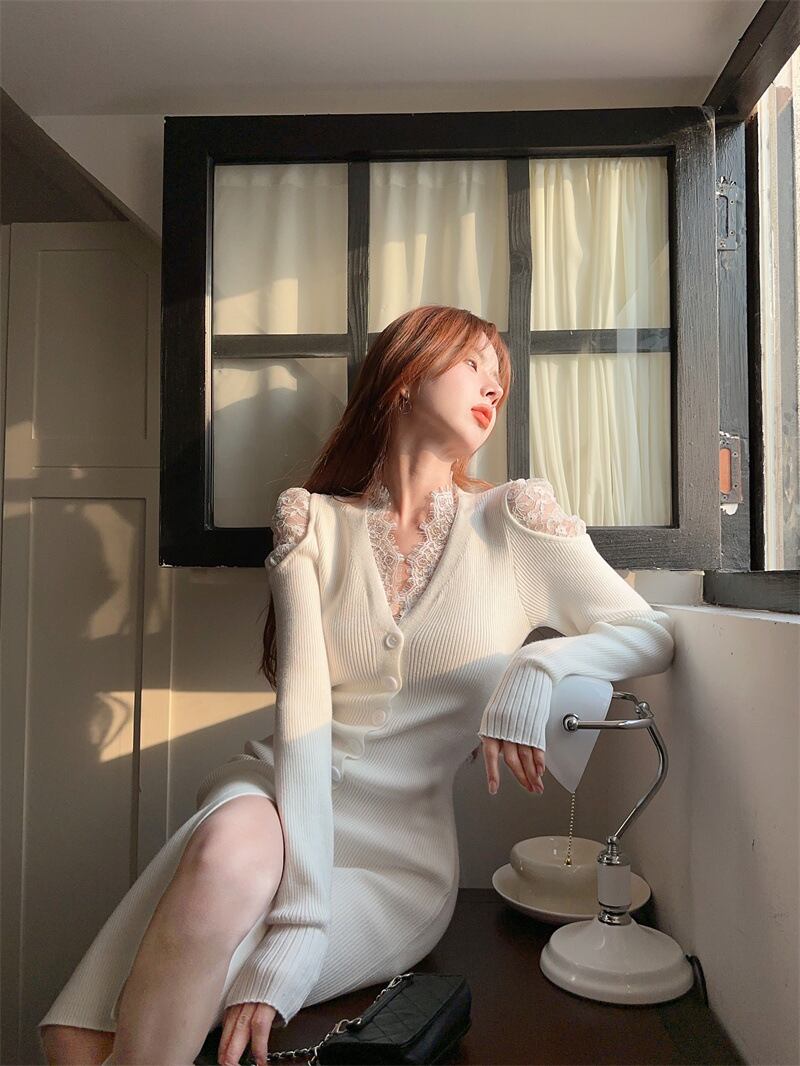 【dress】レースドッキングニットワンピース Q7121