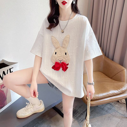 【tops】気質アップ2023夏新作ラウンドネック半袖3色動物柄ゆったり着回しＴシャツF5292