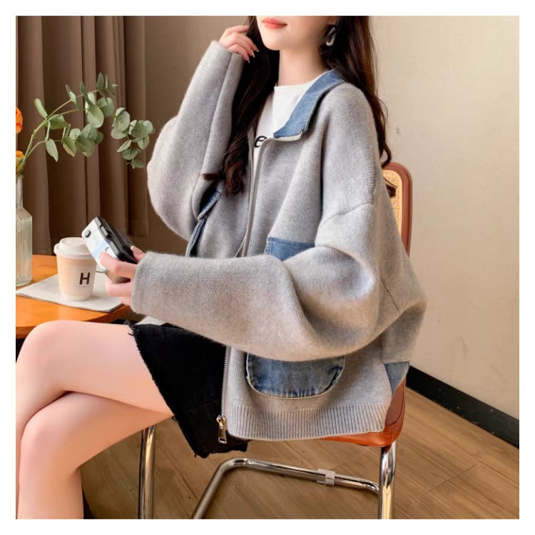 【outer】デニム切り替えニットカーデ　M25745