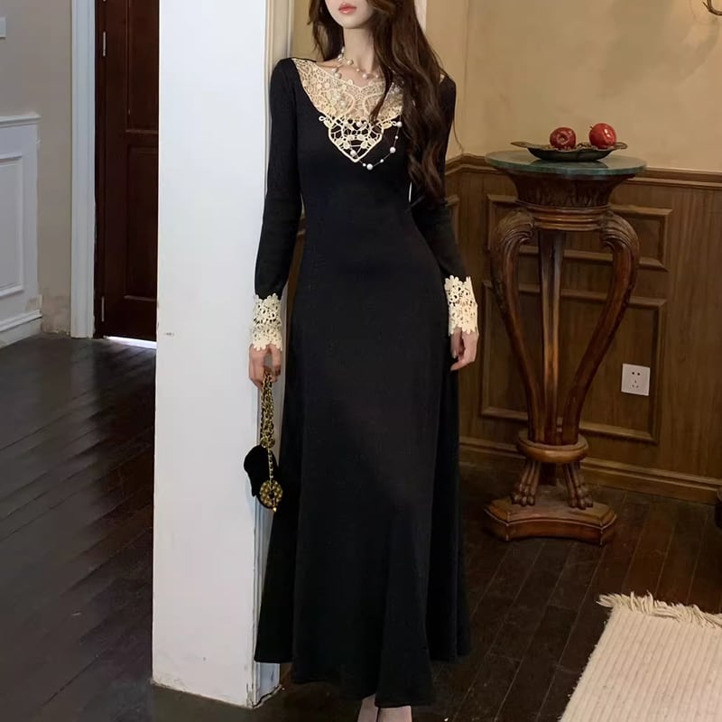 【dress】レースドッキングニットワンピース Q6862