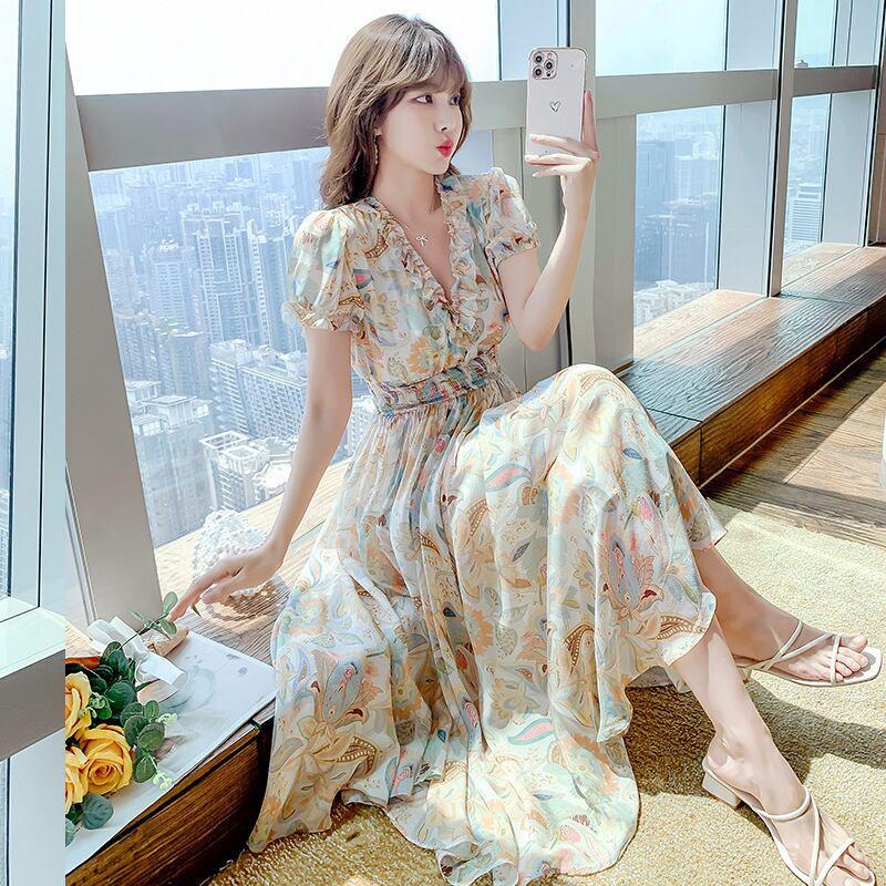 【dress】好感度満載！Vネック半袖夏海旅行シフォン花柄配色ワンピース F0343