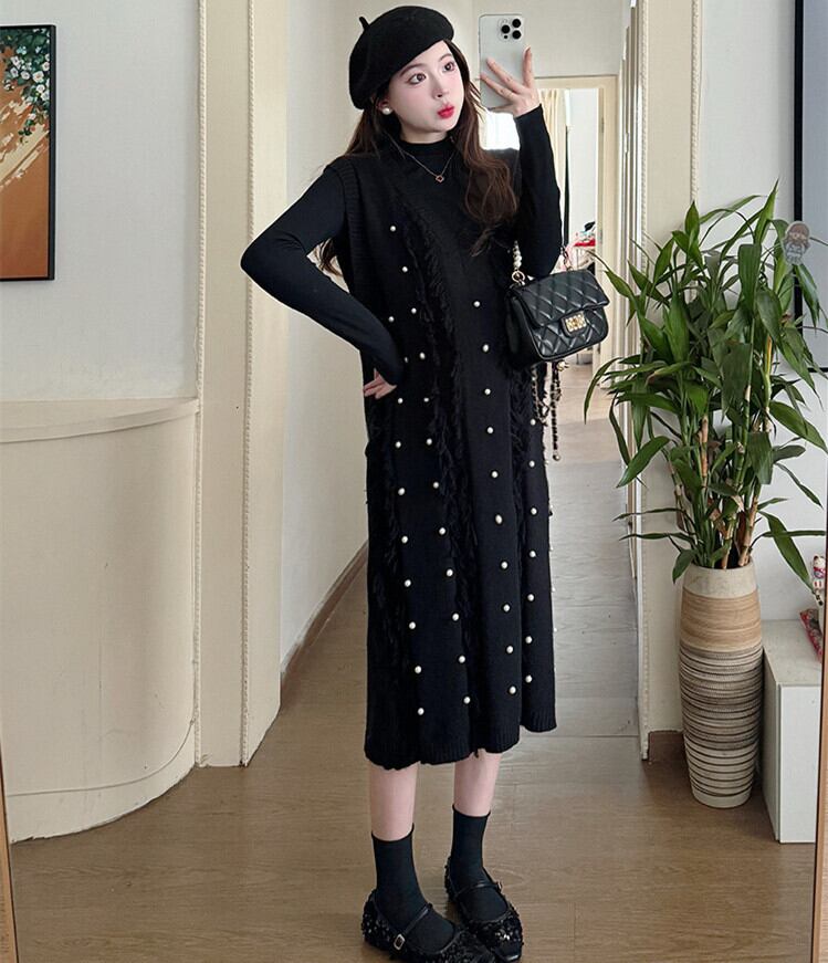 【dress】パール付きフリンジノースリーブニットワンピース　N2783