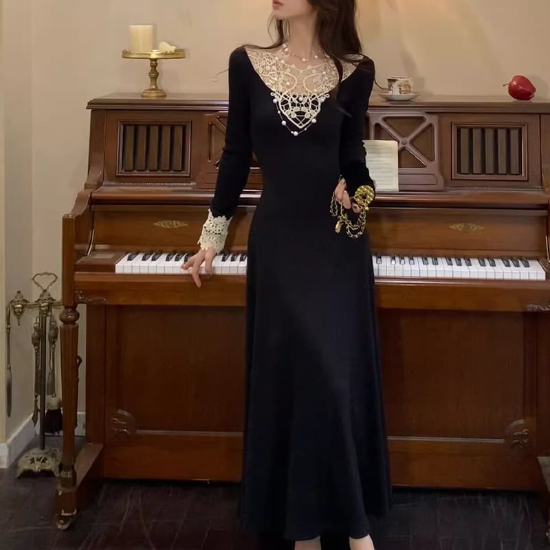 【dress】レースドッキングニットワンピース Q6862