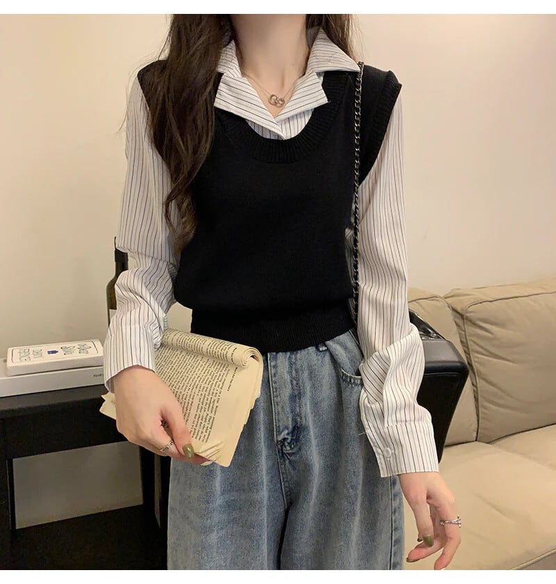 【tops】POLOネック切り替えニットトップス　N2834