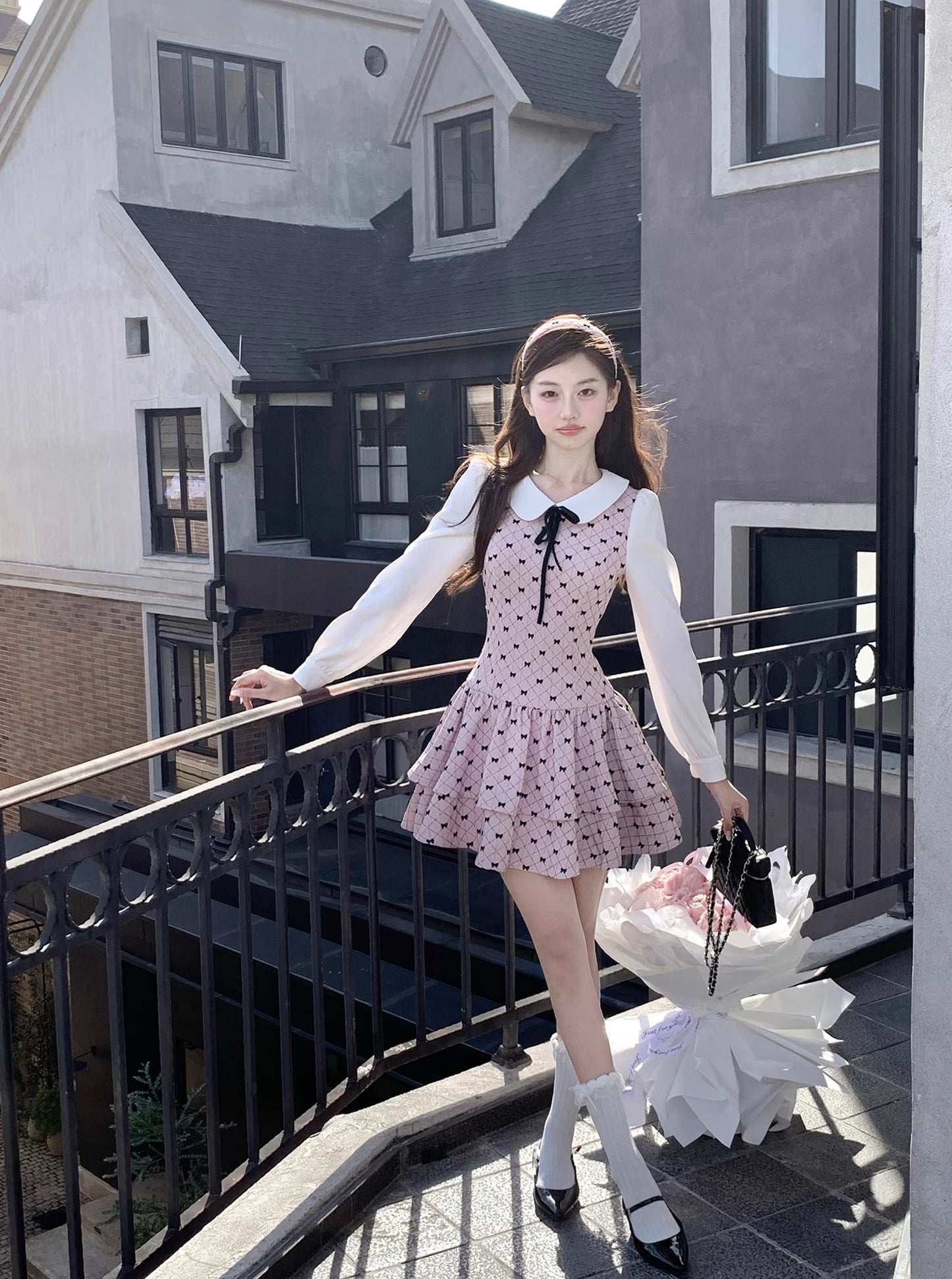 【dress】ピーターパンカラーフェイクレイヤードワンピース Q7570