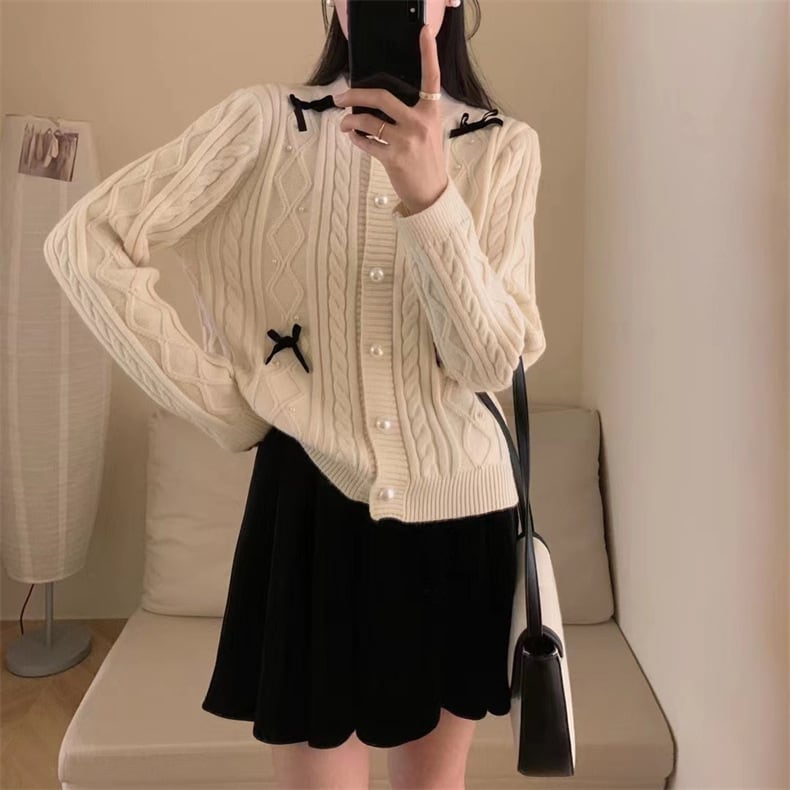 【outer】リボン付きパールニットカーデ　M25848
