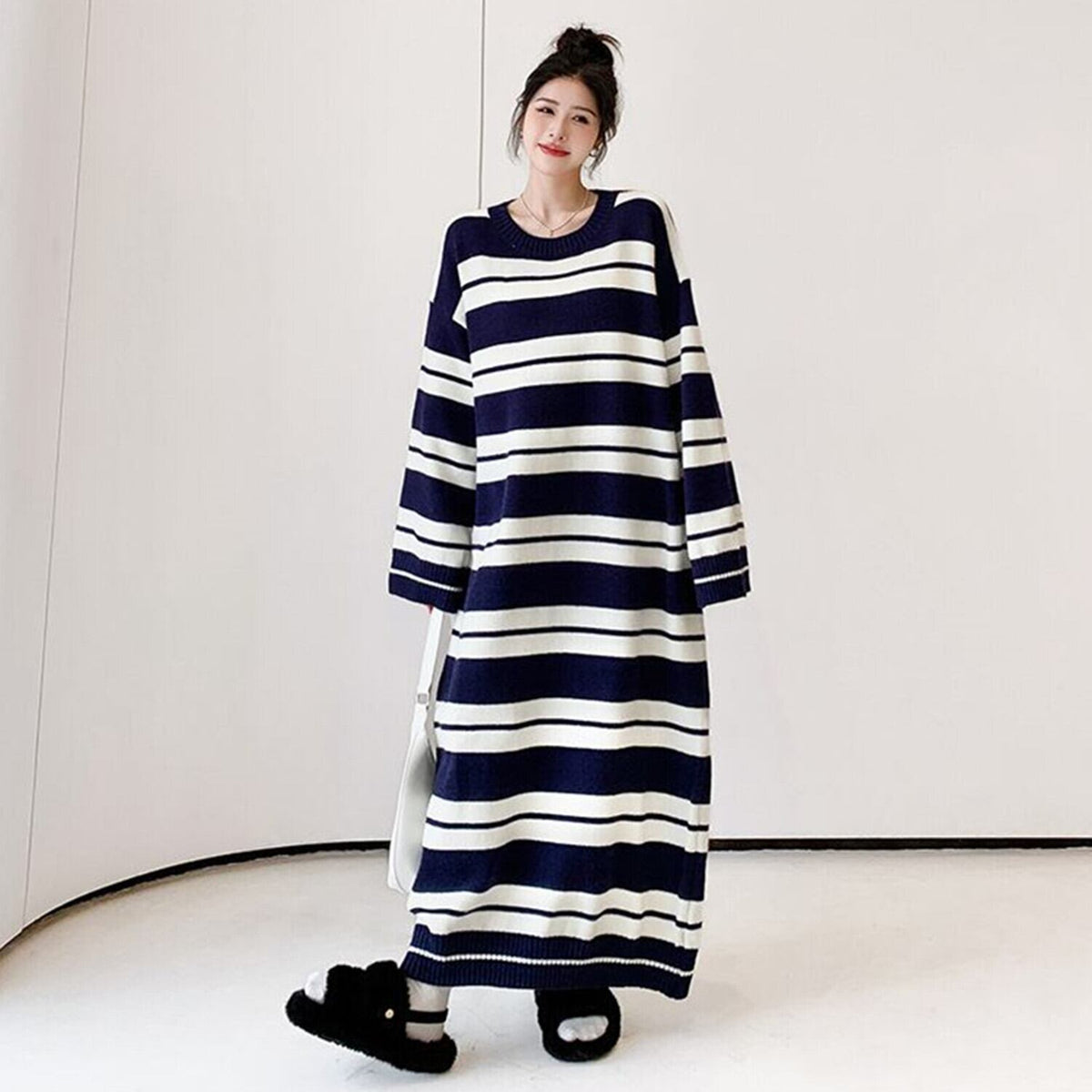 【dress】ボーダー柄ロングニットワンピース　N2185