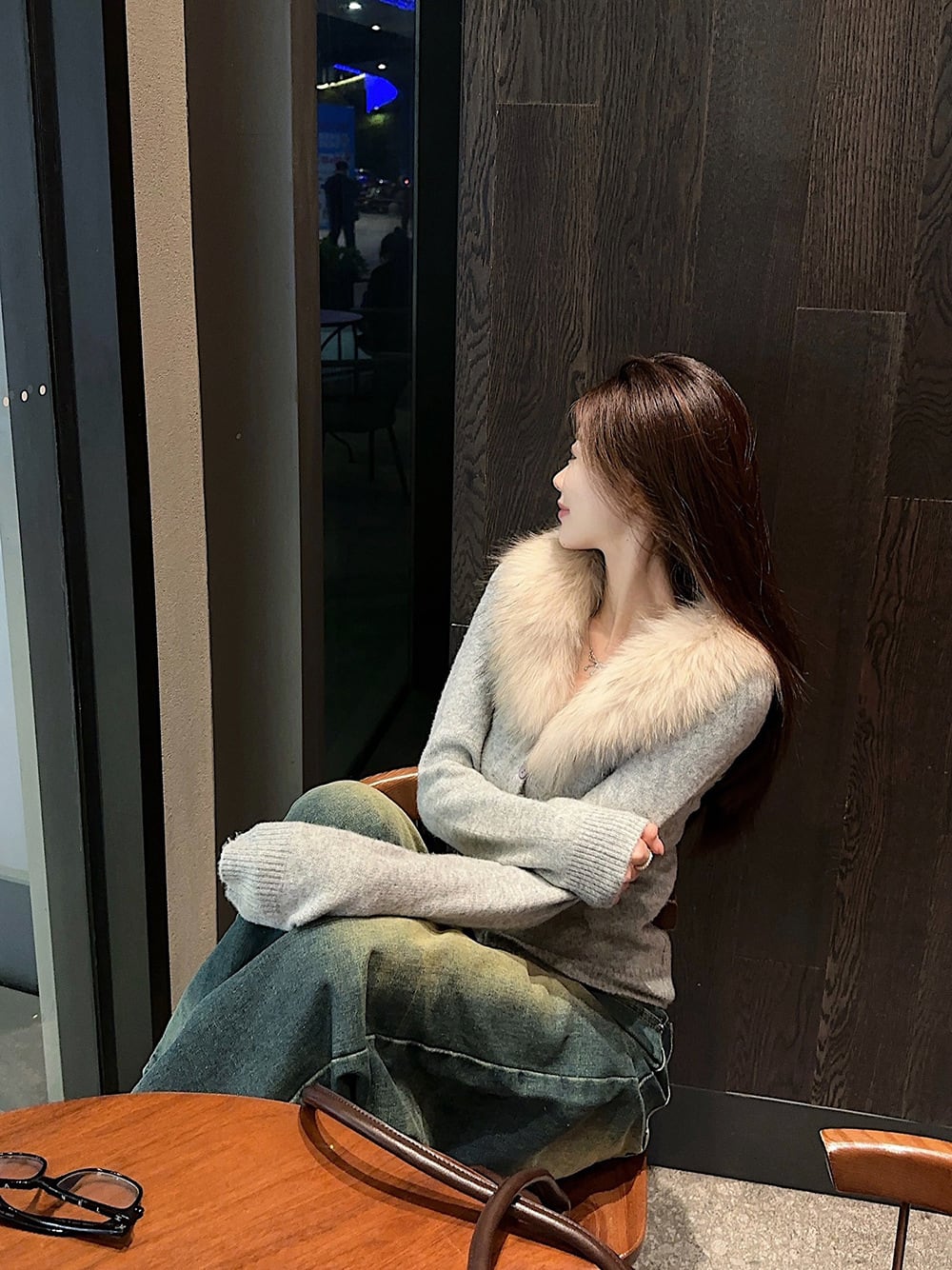 【outer】ファー付きニットカーデ　M28840