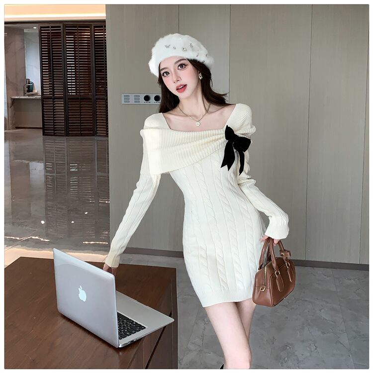 【dress】リボン付きニットワンピース　M28330
