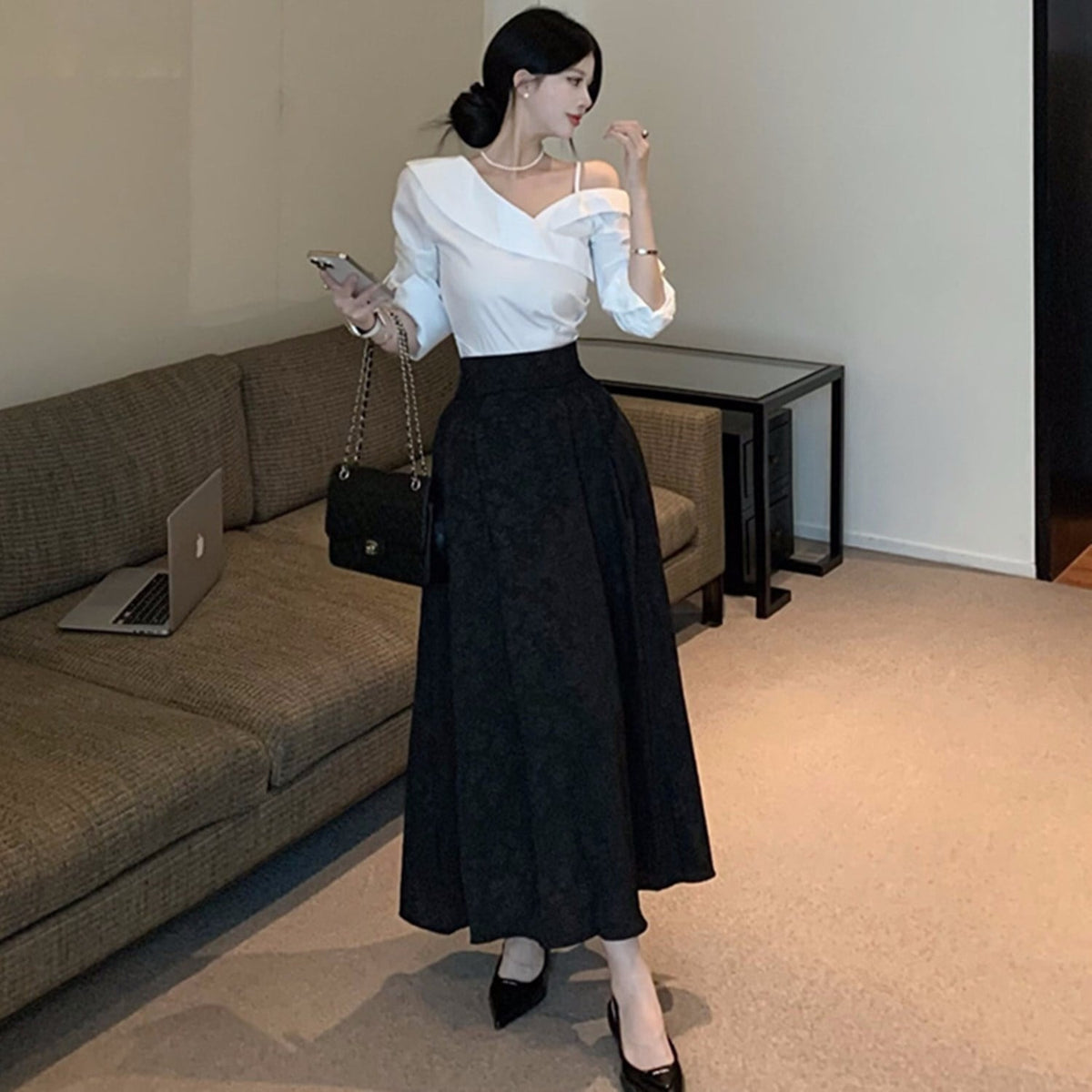 【set】オフショルダートップス×ロングスカートセット     N2688