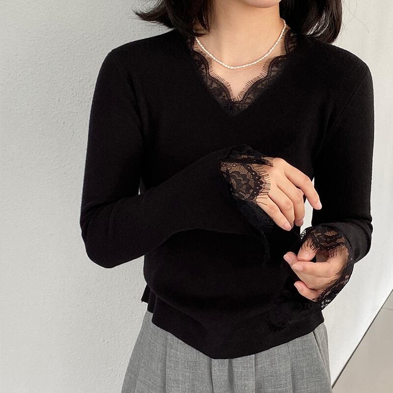 【tops】レースドッキングニットトップス Q7236