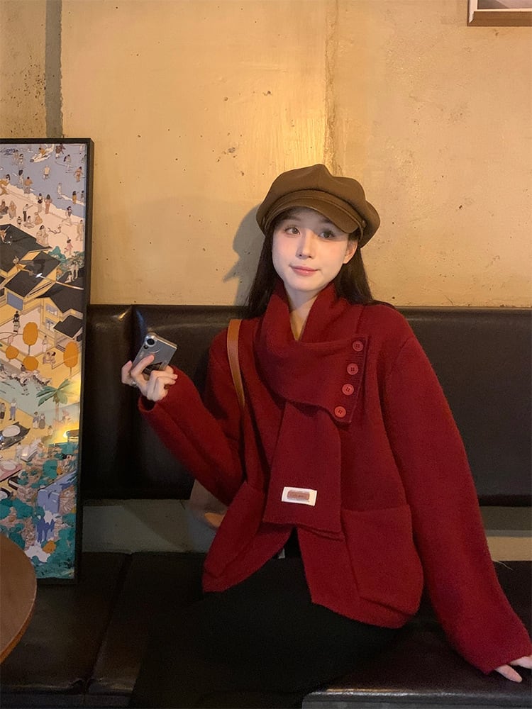 【outer】ニットカーデマフラー付き　M27737