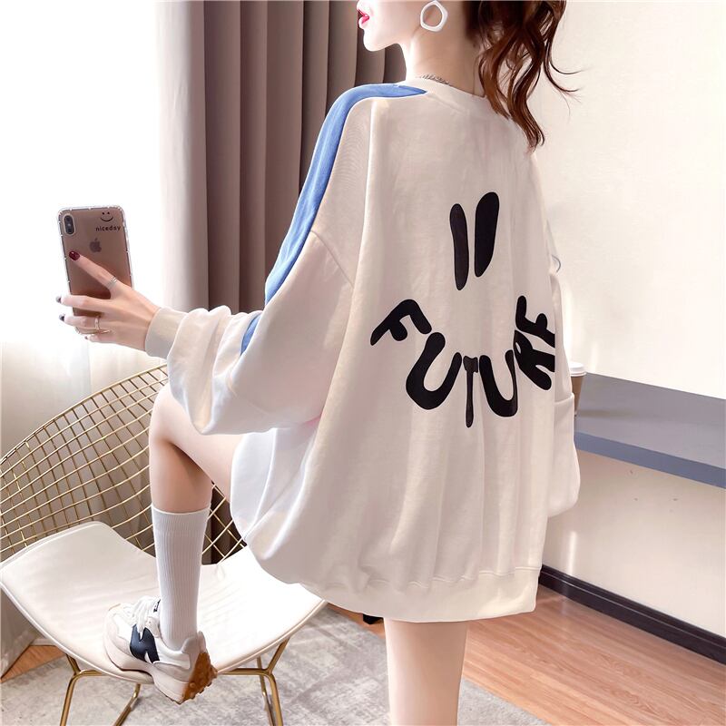 【tops】オシャレ度満点〜ラウンドネック長袖配色英字柄ゆったり着回しパーカーF0677