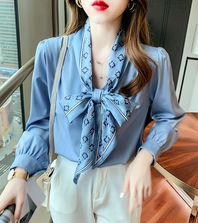 【tops】タイカラー長袖プリント配色ファッションゆったり着回しブラウスF0601