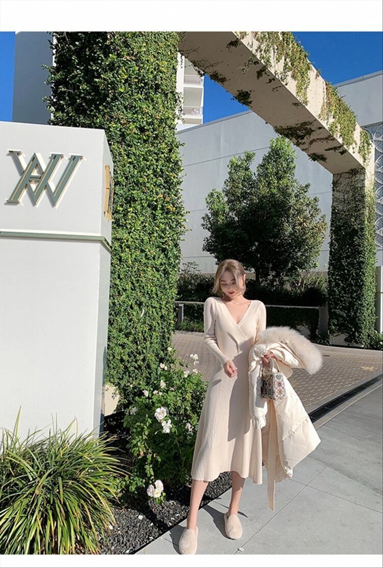 【dress】好感度UP!気質満点エレガントVネック知的着痩せニットワンピース G2291