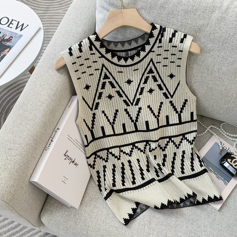 【tops】ジオメトリック柄ニットタンクトップF7304