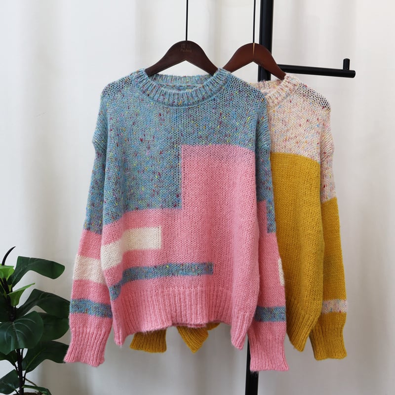 【tops】配色ニットセーター　M25492