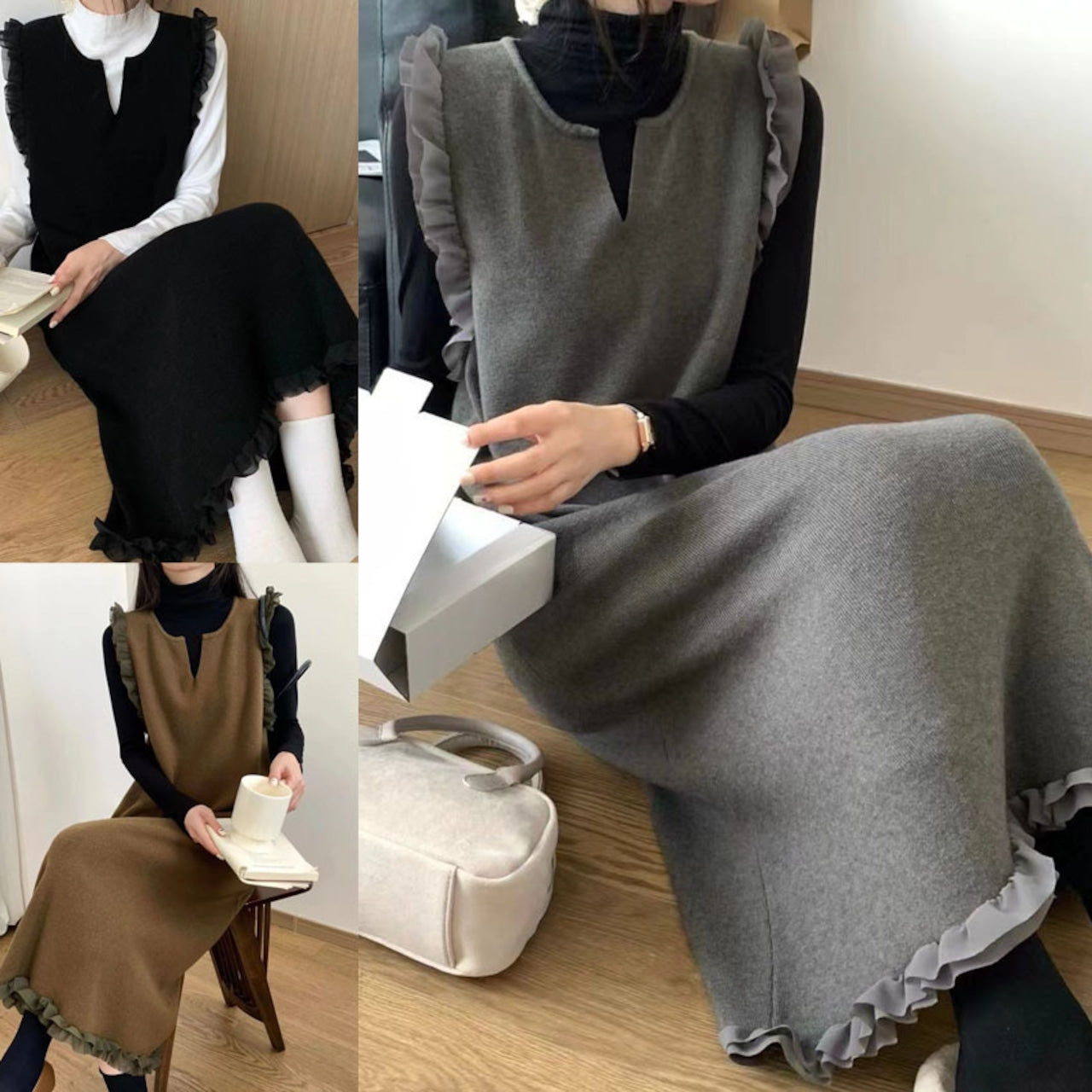 【dress】ギャザーベストロング丈ワンピースF8104