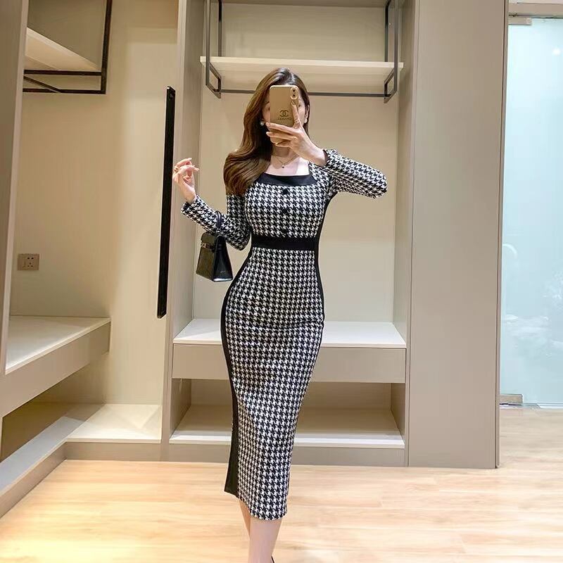 【dress】今季トレンド韓国風INS風スクェアネック長袖千鳥柄ウェスト絞りタイトワンピースF4017