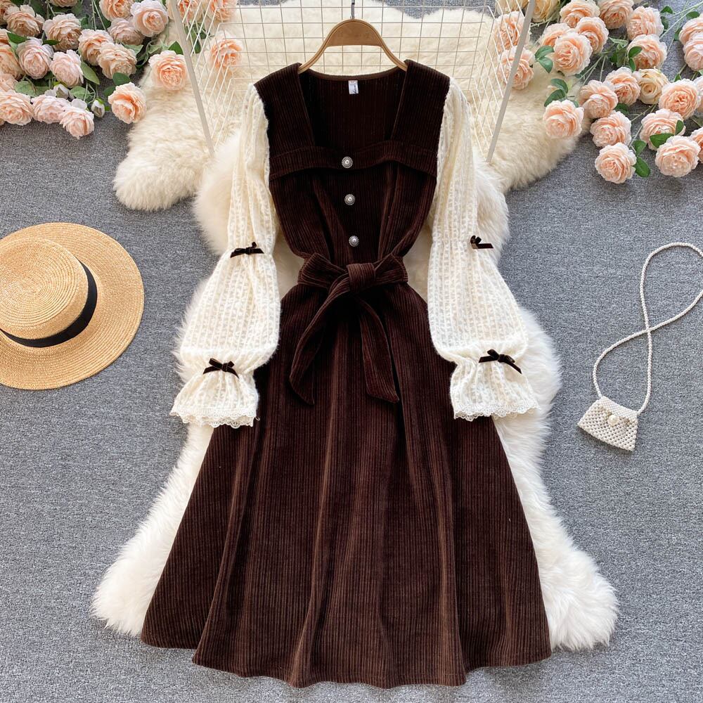 【dress】ファッションレトロスウィートデザインレース切り替えパフスリーブワンピース G3200