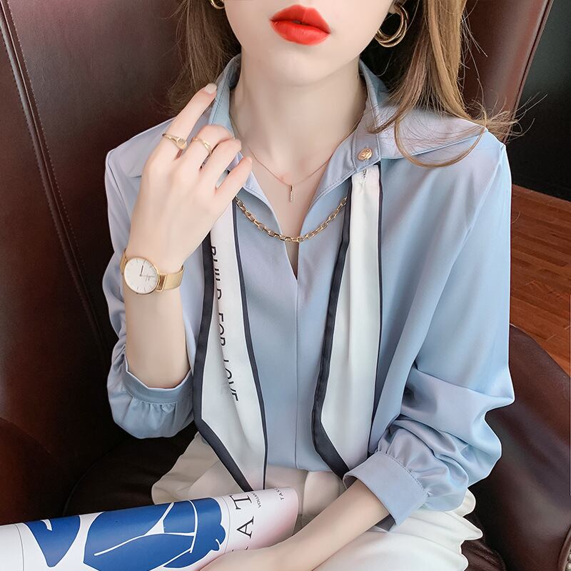 【tops】韓国ファッションラペル長袖無地ファッション着回しOL通勤シャツF0664