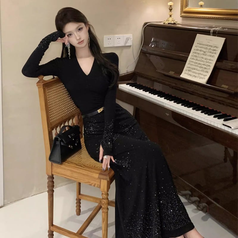 【set】ラインストーン付きトップス×ロングスカートセット Q7936