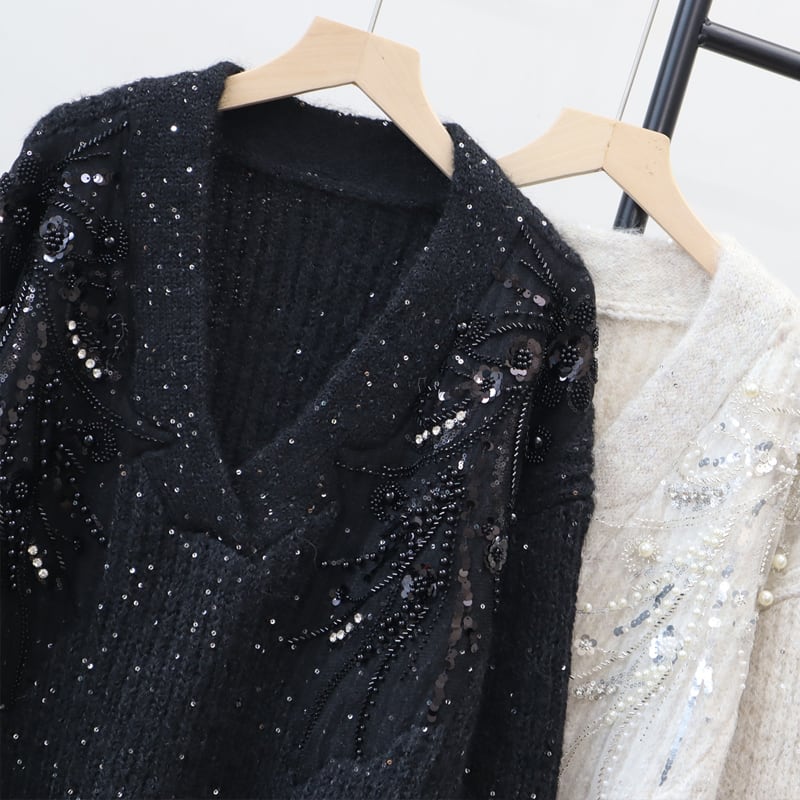 【tops】Vネックスパンコール付きニットトップス Q7436