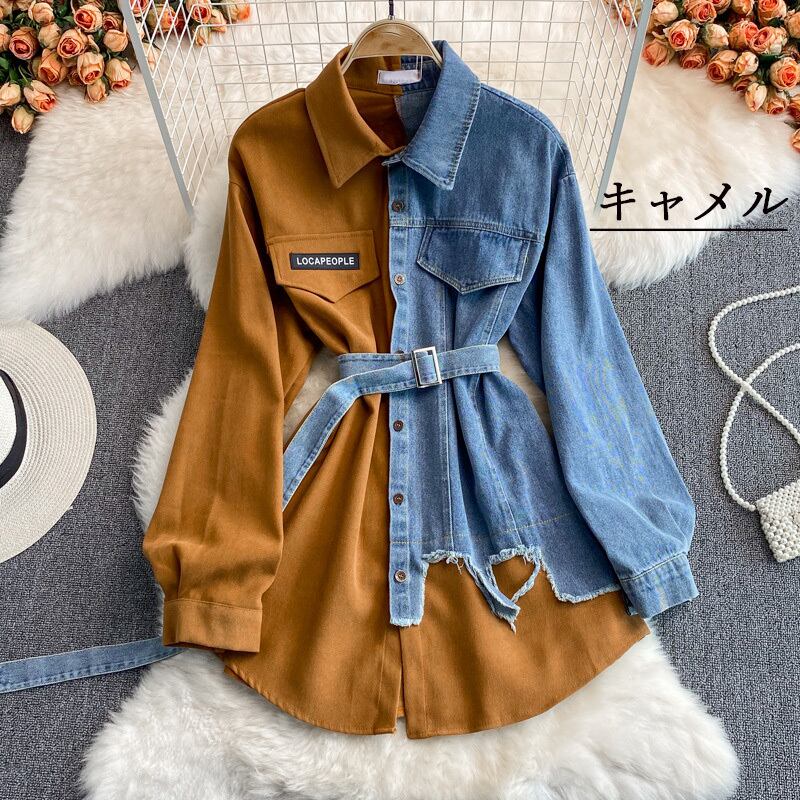 【tops】話題沸騰中春新作4色POLOネック長袖人気デニム切り替え配色着回しブラウスF4620