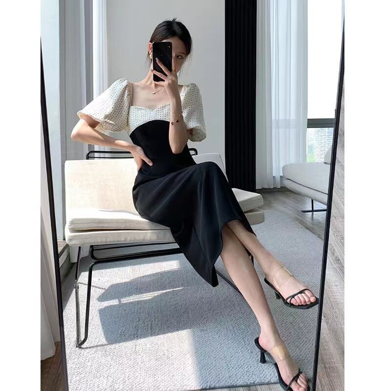 【dress】一目惚れ！レトロスクエアネック半袖パフ袖ドット柄着やせワンピースF2722