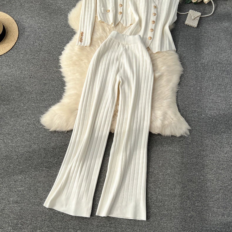 【set】ニットカーディガン+ベスト+ガウチョパンツ3点セットF6989