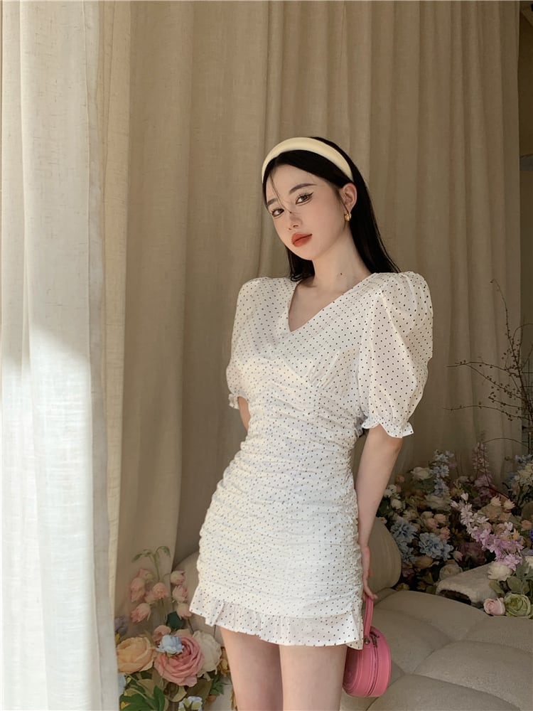 【dress】Vネックパフスリーブギャザーワンピース G21271