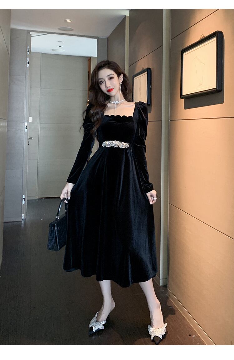 【dress】美人度アップ!気質満点ハイウエスト長袖 スクエアネックワンピース G1418