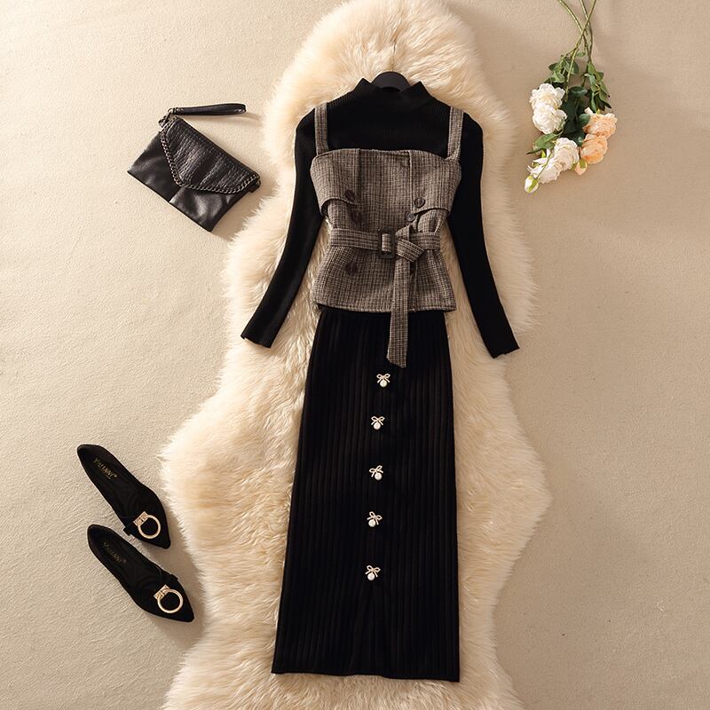 【set】秋冬新作!気質満点レトロニットトップス+ベスト+スカートオシャレ3点セット G2879