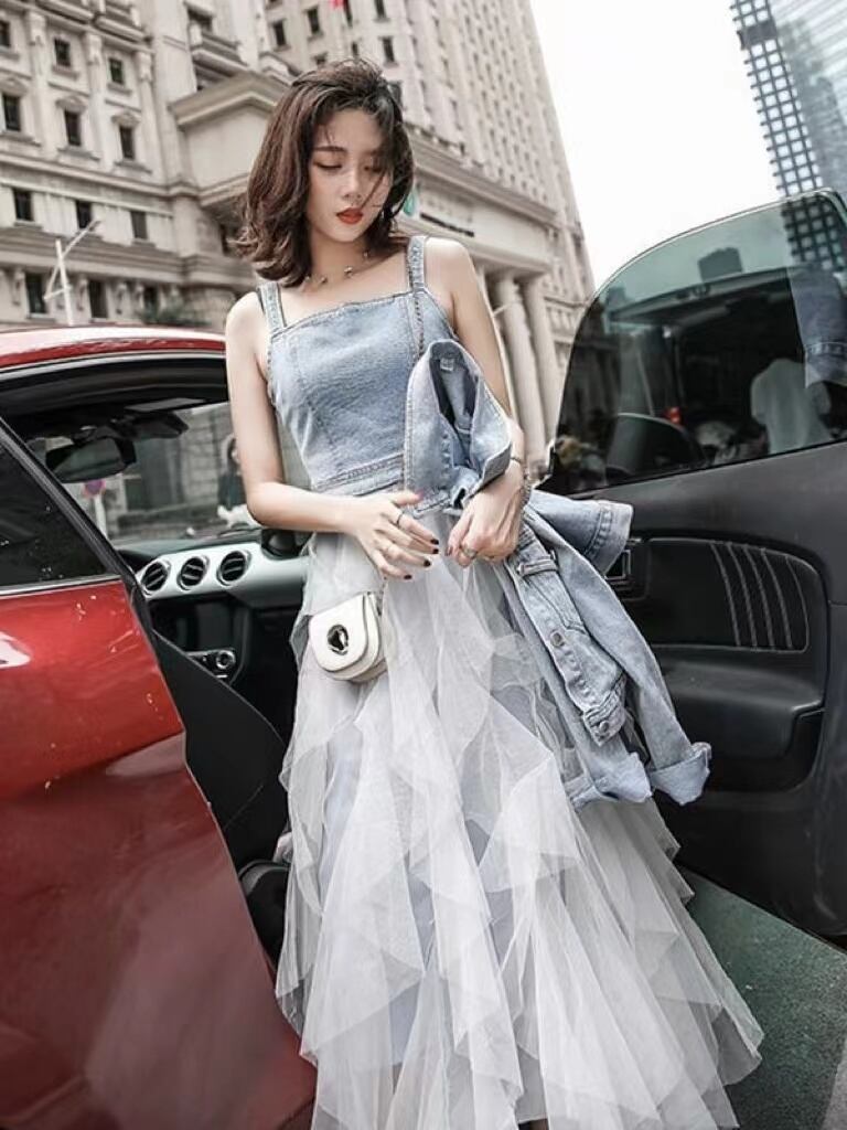 【set】一目惚れ！デニムジャケット+メッシュ切り替えキャミワンピースINS風2点セットF0751