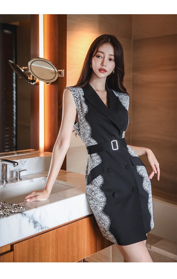 【dress】ノースリーブレース切り替えスーツワンピース G20869