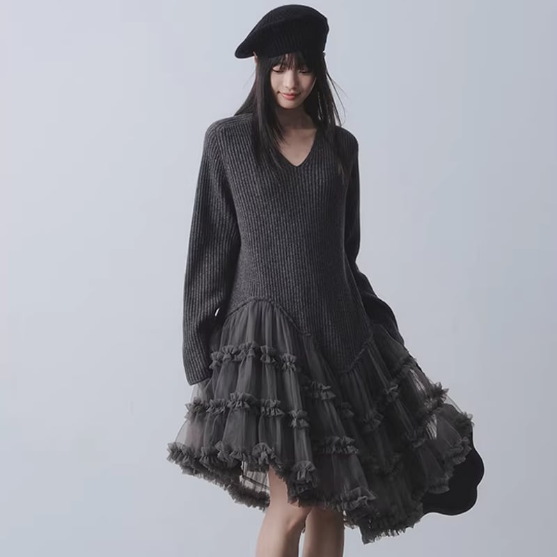 【dress】チュールドッキングウールワンピース Q7963