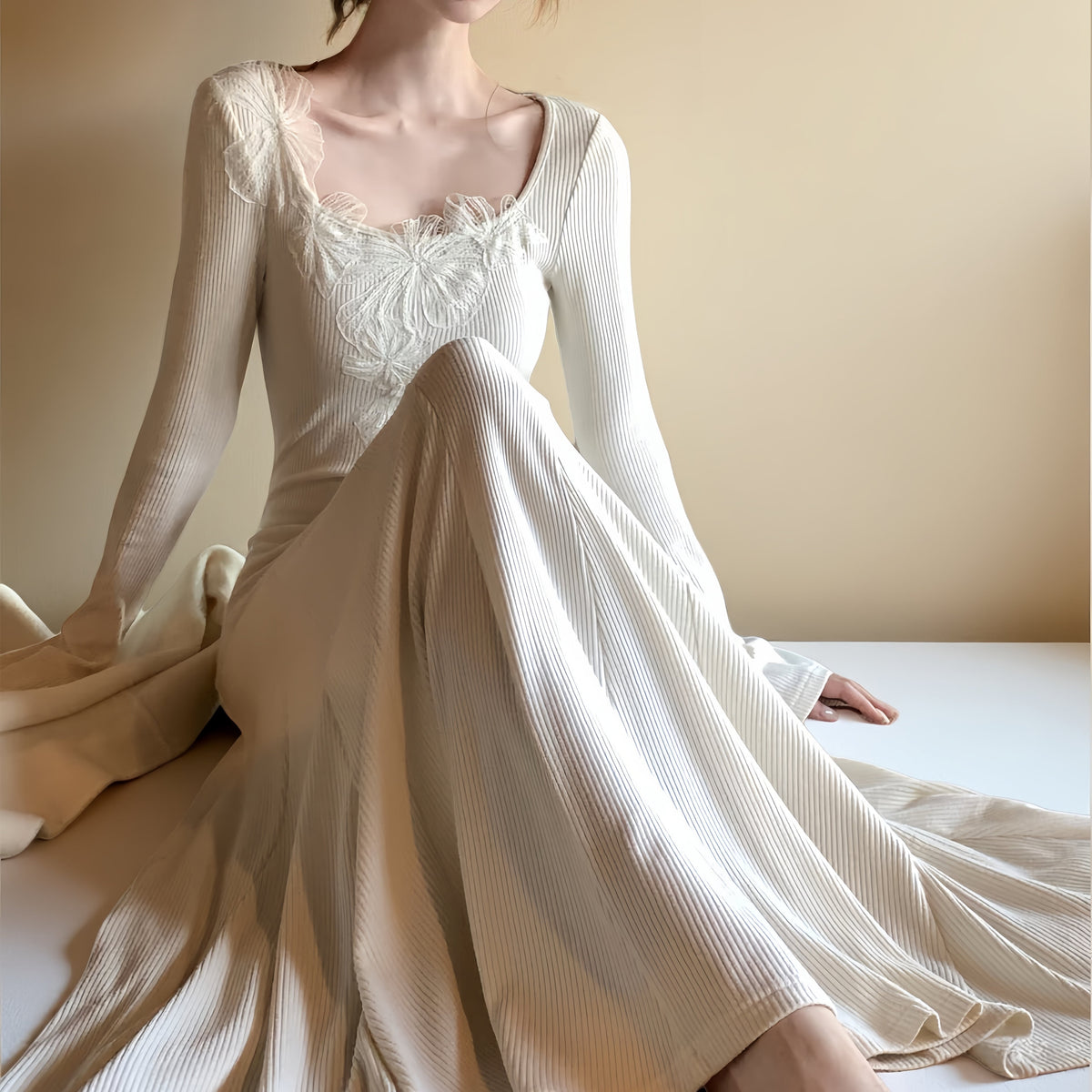 【dress】レーストリミングニットワンピース　N3465