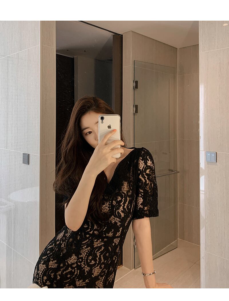 【dress】韓国ファッションVネック半袖レース体型カバー気質淑女マーメイドワンピースF0293