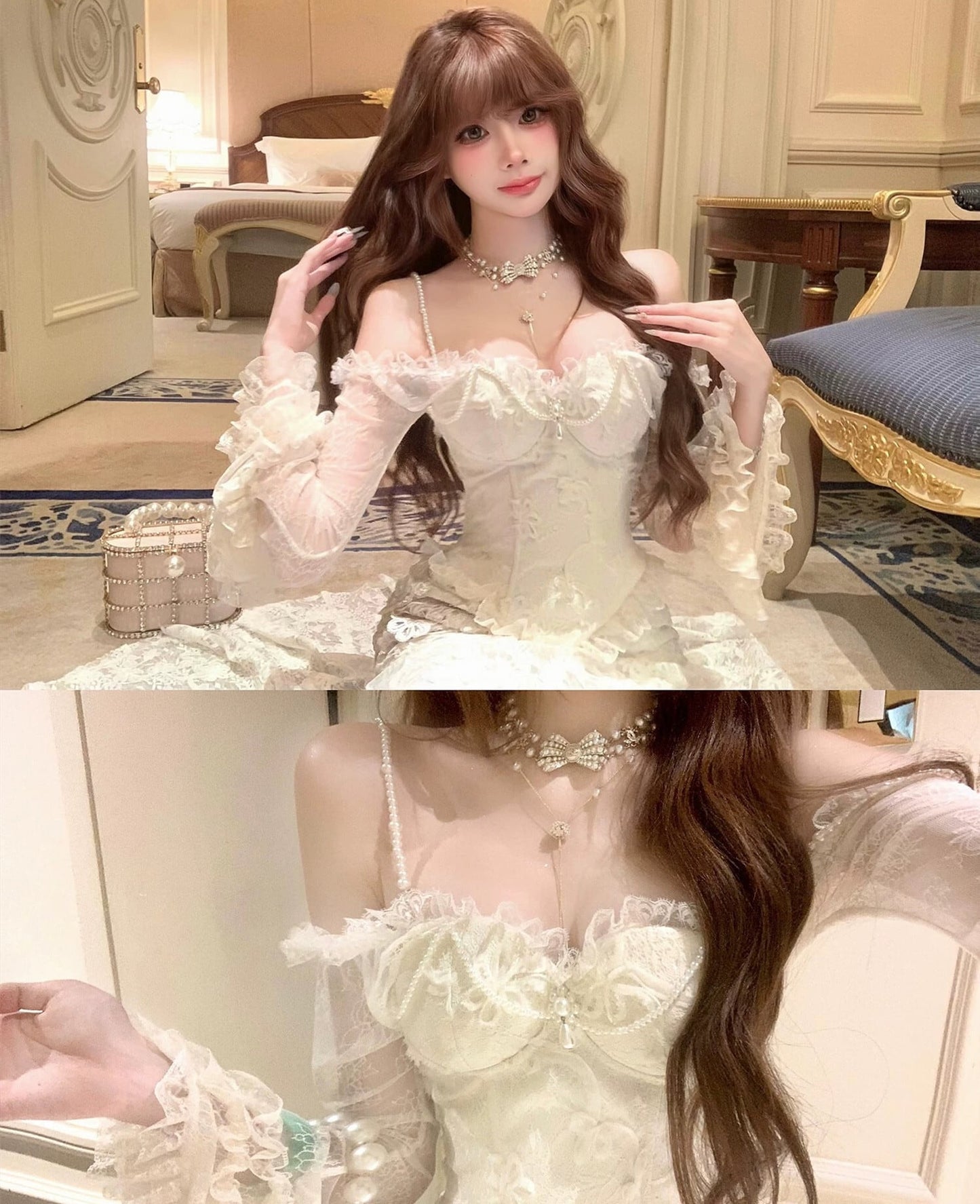 【set】ベルスリーブレーストップス×マーメイドスカートセット N3414