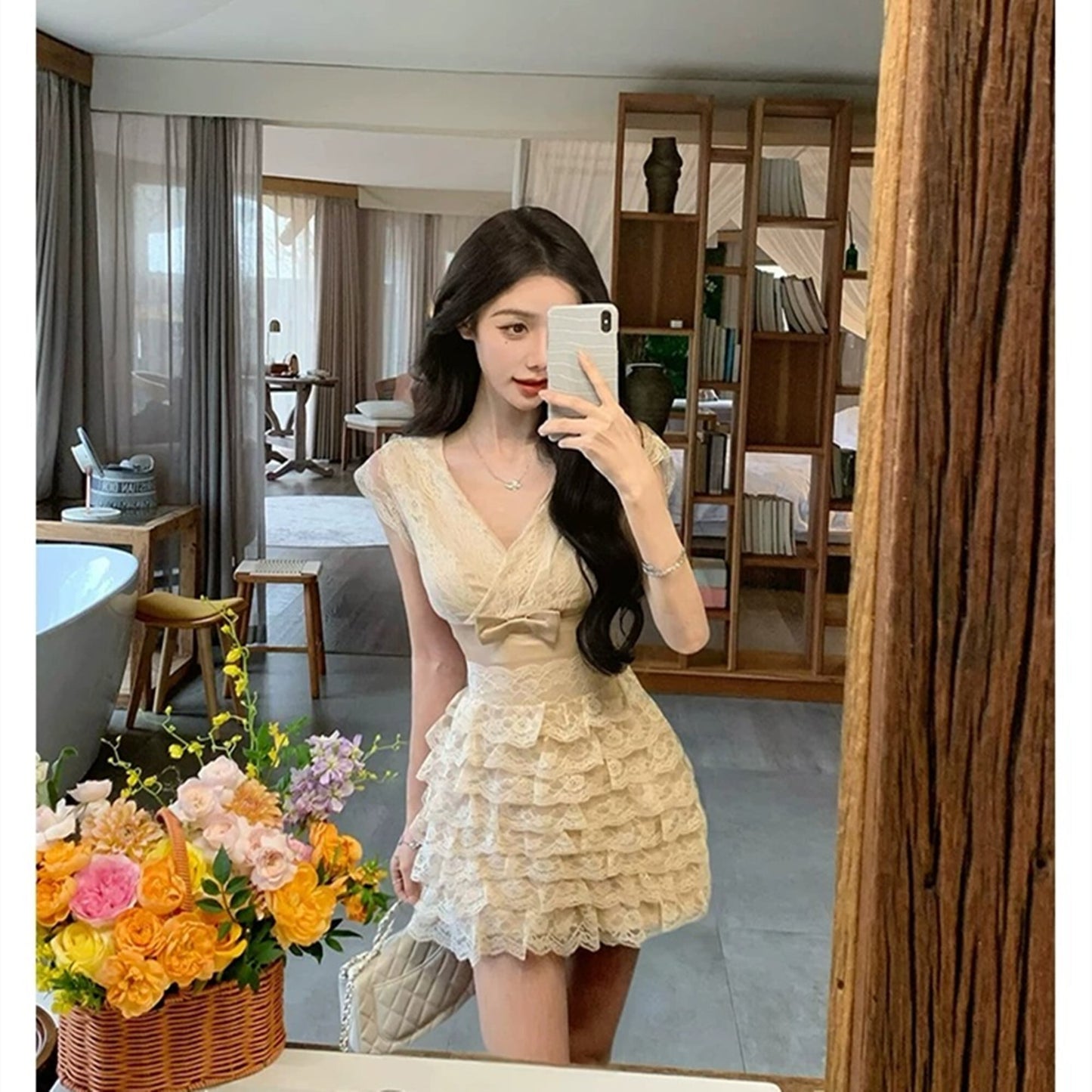 【dress】リボン付きティアードミニワンピース　N3556