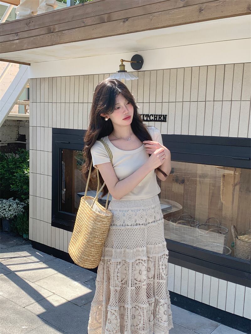 【set】トップス+レース透かし彫りスカート２点セットG21098