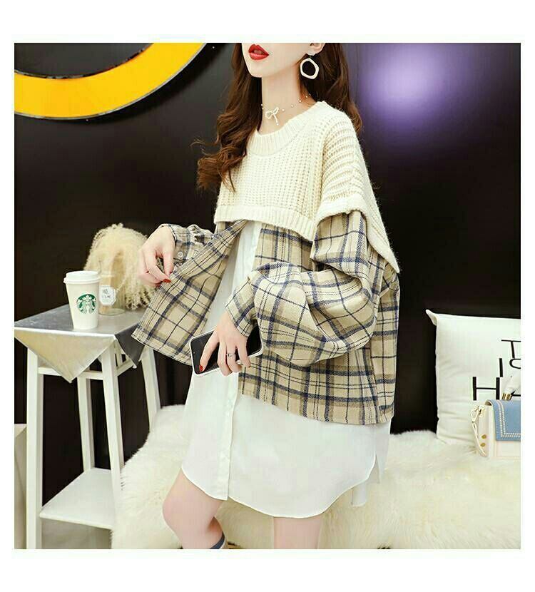 【tops】クルーネックドッキングニットセーター　M18345