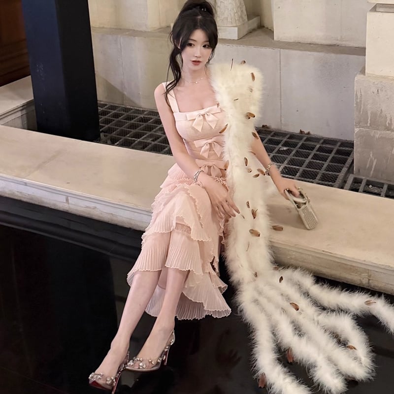 【dress】リボン付きティアードキャミワンピース Q7679