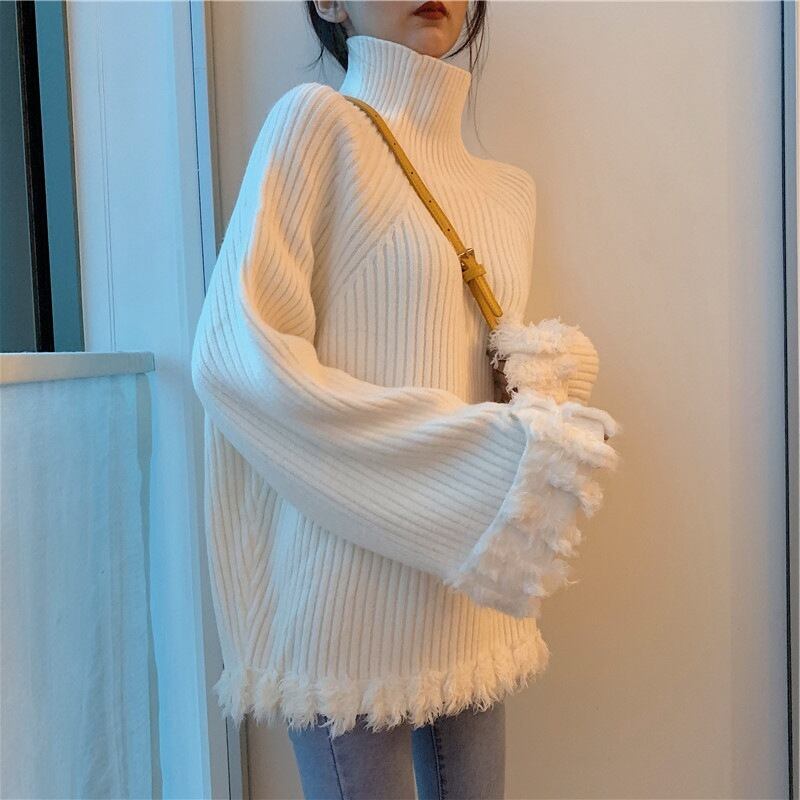 【tops】ハイネック長袖ファッション無地ゆったり着回しニットセーターF0840